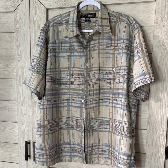 Men’s Tori Richard 100% silk button down shirt in casual loose earth tones plaid - Picture 2 of 6
